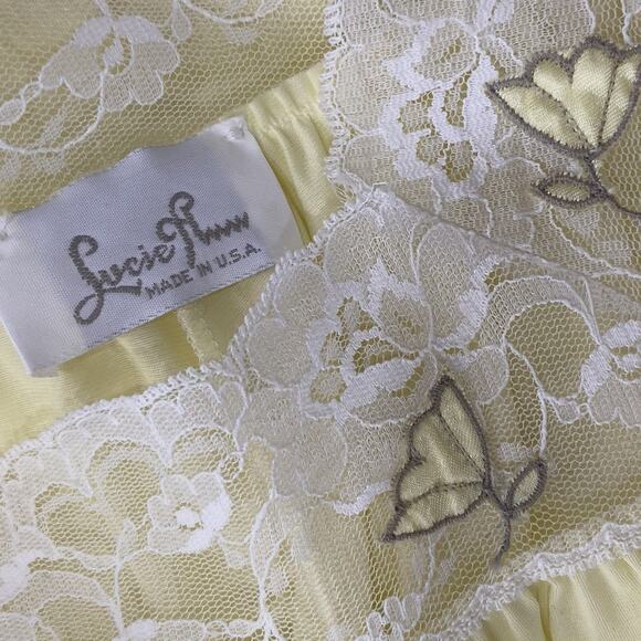 Vintage 90s Lucie Ann Buttercup Yellow Nylon Tulip & Lace Maxi Nightgown Size S - Picture 10 of 12